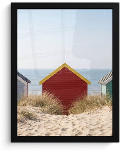 Poster in lijst - Fotolijst 30x40 cm - Posters - Strand - Huisjes - Kleurrijk - Duinen - Posterlijst zwart - Decoratie - Wanddecoratie woonkamer - Muurdecoratie slaapkamer
