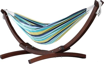 Dubbele Hangmat - Katoenen Relaxplek - Buiten Ontspannen - Massief Houten Standaard - 204 kg Draagvermogen - Cayo Reef