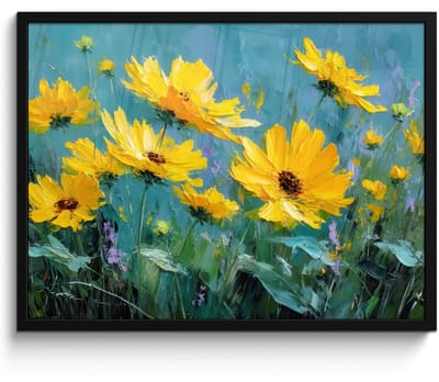 Poster in lijst - Fotolijst 80x60 cm - Posters - Penseelstreken - Bloemen - Felgeel - Abstract - Posterlijst zwart - Decoratie - Wanddecoratie woonkamer - Muurdecoratie slaapkamer