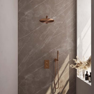 Brauer Copper Carving Thermostatische Regendoucheset Inbouw - Hoofddouche 30 cm - Rechte Wandarm - 3 Weg - Handdouche Staaf - Doucheslang - Wandaansluitbocht
