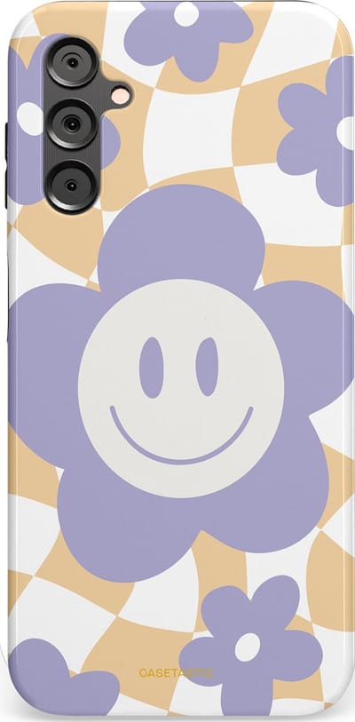 Casetastic hoesje geschikt voor Samsung Galaxy A14 (2023) 5G / Samsung Galaxy A14 (2023) 4G - Dubbellaagse bescherming - Madeliefjes magie - Fashion Case - Lila Wit Zand Lichtgrijs