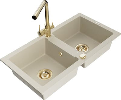 Mexen Mario granieten spoelbak 2-kamer met keukenkraan Duero, beige - 6504-69-671600-50