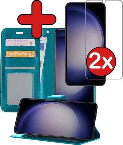 Hoesje - Met 2x Screenprotector - Geschikt voor Samsung Galaxy S23 - Luxe Pasjeshouder - Flip Case - Bookcase Portemonee - Kunstleer Book Case - Flipcase Hoes - Book Cover - Walletcase - Portemonneehoes - Telefoonhoes - Turquoise