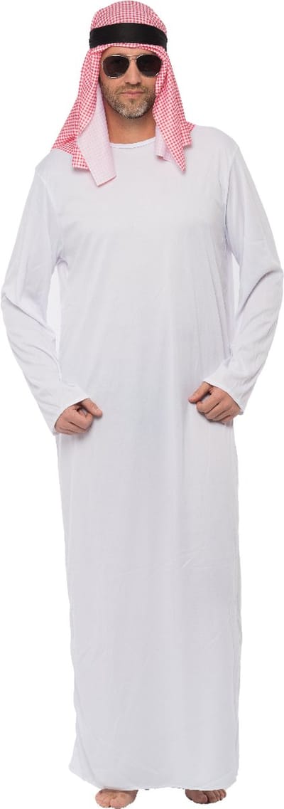 Partychimp Sjeik Kostuum Heren Arabisch Kostuum Arabier Kostuum Sheikh Carnavalskleding Heren Verkleedkleren Volwassenen 10001 Nacht - Polyester - One-Size - 3-delig Tuniek/Hoofdband/Hoofddoek