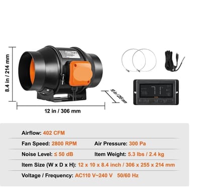 Buisventilator - Inline Kanaalventilator - Afzuig Ventilator - Stille Afzuigventilator - met Temperatuur - en Vochtigheidssensor - voor Badkamer - Kweekruimte - Woonruimte - EC 6Inch