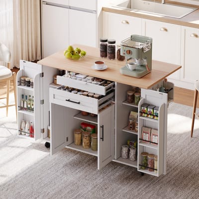 120×45cm, Mobiel kookeiland, Keukenkar, Uitschuifbaar werkblad tot 70cm, Verborgen besteklade, Verstelbare planken, Kruidenrek en handdoekhouder, geschikt voor keuken, eetkamer of woonkamer