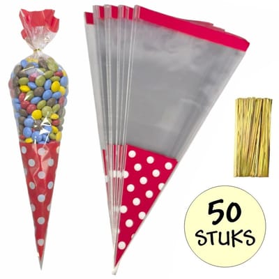 50x Cellofaan Puntzakken Rode Stippen 37x18cm - Uitdeelzak - Traktatie Zak - Snoepzak - Inclusief Sluitstrips - 18x37cm - Rood - 50 Stuks