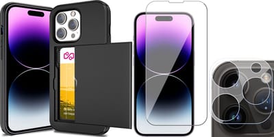 Hoesje met Pasjeshouder geschikt voor iPhone 14 Pro - Screenprotector GlassGuard & Camera Lens Screen Protector - Back Cover SlideCase Zwart