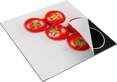 Chefcare Inductie Beschermer Tomaten op Witte Houten Planken - 78x78 cm - Afdekplaat Inductie - Kookplaat Beschermer - Inductie Mat