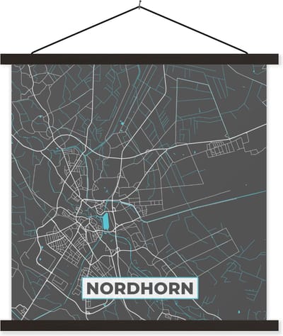 Posterhanger incl. Poster 60x60 cm - Schoolplaat - Blauw – Duitsland – Plattegrond – Stadskaart – Kaart – Nordhorn - Textielposter - Zwarte latten - Stadskaart