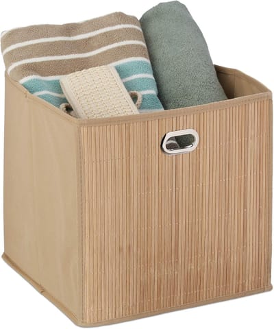 Famanu – Opbergmand bamboe - badkamer - hoog - vierkant - opvouwbaar - stoffen kast organizer - HBD: 31 x 31 x 31 cm - natuur