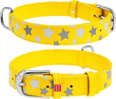 WAUDOG Glamour Star Halsband / Hondenhalsband - Echt Leder - Geel - Reflecterende sterren - M - Breedte: 25 mm - Nekomtrek: 38 - 49 cm (GELIEVE ALVORENS BESTELLEN OPMETEN)