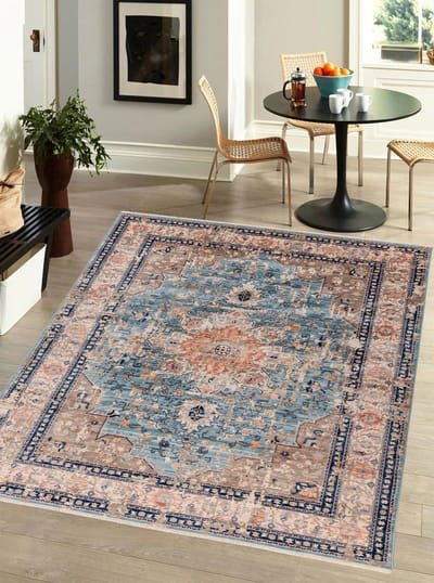Flycarpets Petra Vintage Vloerkleed Blauw - Medaillon - Laagpolig Tapijt - 200x290 cm