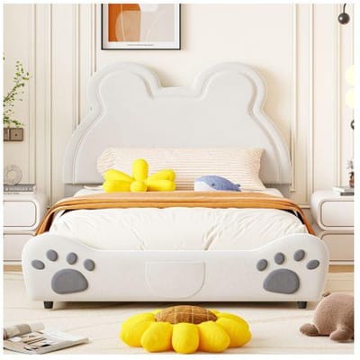 Lit rembourré Beau lit d'enfant, 140 x 200 cm, forme d'ours. Lit simple en velours doux pour la peau, blanc