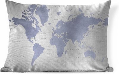 Sierkussens - Kussen - Blauwe wereldkaart met structuurpatroon op achtergrond met lengte- en breedtegraden - 50x30 cm - Kussen van katoen