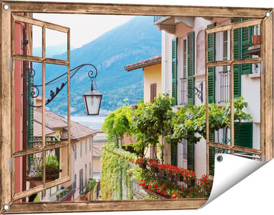 Gards Tuinposter Doorkijk Kleurijk Straatje in Italie - 90x60 cm - Tuindoek - Tuindecoratie - Wanddecoratie buiten - Tuinschilderij