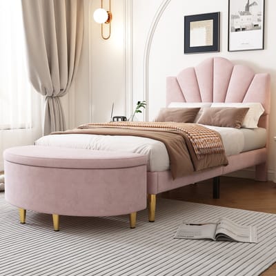 STILVORA Kinderbed 90 x 200 cm – Gestoffeerd Met Schelp Hoofdeinde Gouden Poten En Opbergbank Met Kussen – Verstelbaar Hoofdbord Stevige Lattenbodem En Praktische Opbergruimte – Ideaal Voor Meisje Jeugd En Gast – Zacht Fluweel – Roze