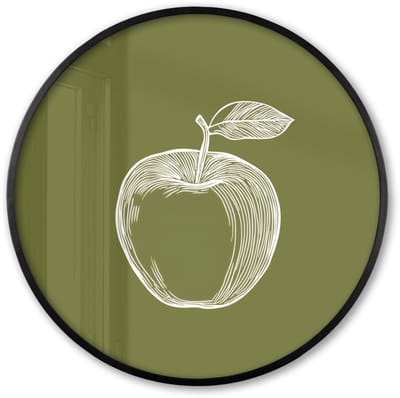 Poster in lijst Rond - Fotolijst 60x60 cm - Posters - Lijntekening - Appel - Olijfgroen - Blaadje - Ronde posterlijst zwart - Decoratie - Wanddecoratie woonkamer - Muurdecoratie slaapkamer