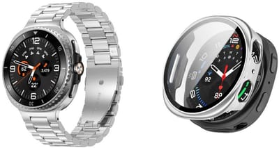 Strap-it Stalen schakel band Zilver + Hard case hoesje met screenprotector glas Zilver – geschikt voor Samsung Galaxy Watch 8 44mm – luxe & optimale bescherming
