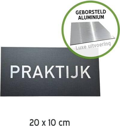 Deurbordje | "Praktijk" | 20 x 10 cm | Dibond geborsteld | Luxe uitstraling | Blinkend | Zwart | Tandarts | Arts | Kinesist | Massage | 1 stuk