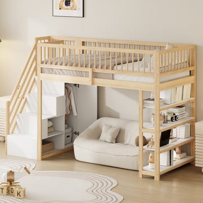 Wishdor – Hoogslaper met kast en veiligheidsladder – 90 x 200 cm – Massief grenenhout, multiplex en MDF – Houtkleur – Inclusief planken en opbergvakken – Voor jouw kinderkamer