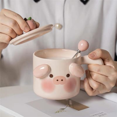 Tasse Mignonne Cochon Cadeau Anniversaire Fille Tasse en Céramique Bureau Maison Couple Tasse à Café Eau Tasse 301-400ml gray