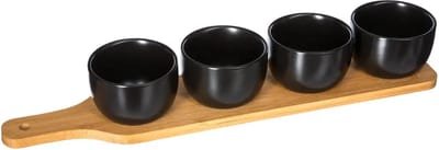 5Five Serveerplank - borrelplank hapjes - aardewerk - zwart - incl. 4x schaaltjes - serveer voedsel en sausjes set