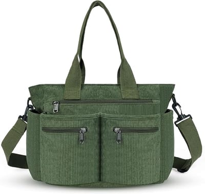 Famanu - Corduroy schoudertas, corduroy tas, grote capaciteit, crossbody draagtas, stijlvolle handtas met meerdere zakken, verstelbare en afneembare riem, voor vrouwen, mannen, school, winkelen, werk, groen