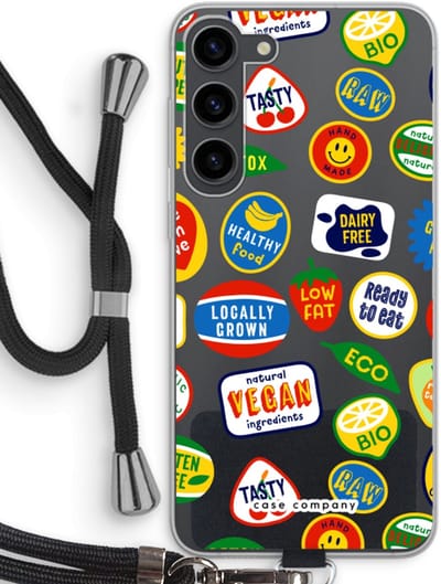 Case Company® - Hoesje met koord geschikt voor Samsung Galaxy S23 Plus hoesje met Koord - Fruitsticker - Telefoonhoesje met Zwart Koord - Bescherming aan alle Kanten en Over de Schermrand