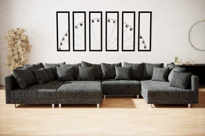 hoekbank denver xxl- zwart stof- met 1 poef (hocker)- hoeksalon denver wooneiland-zetelsenbedden