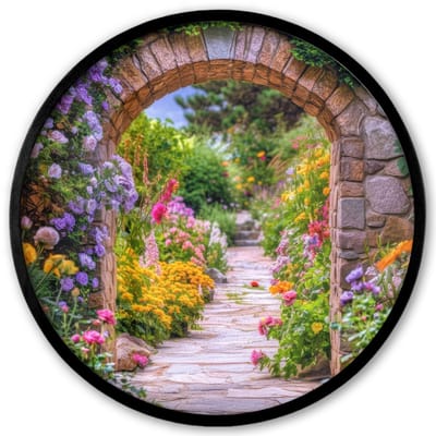 Poster in lijst Rond - Fotolijst 40x40 cm - Posters - Doorkijk - Bloemen - Pad - Natuur - Ronde posterlijst zwart - Decoratie - Wanddecoratie woonkamer - Muurdecoratie slaapkamer