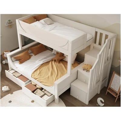 ModernLuxe Stapelbed 90×200 cm +140×200 cm - trap met opbergruimte - met 2 laden - Massief hout + MDF - Wit (zonder matras)
