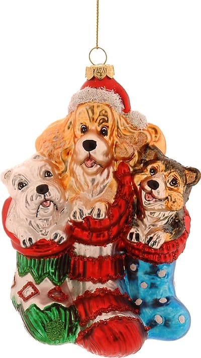 Viv! Christmas Kerstornament - Honden in Kerstsokken - glas - rood - 13cm