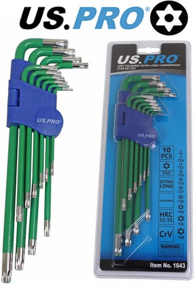 Torx sleutelset met 10 Torx sleutels met boring (Torx security)