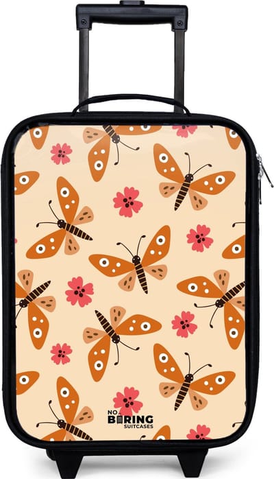 NoBoringSuitcases.com® - Kinderkoffer jongen - Kindertrolley meisje - Oranje vlinders en roze bloemen op beige achtergrond - Koffer kind lichtgewicht - Reiskoffer trolley voor kinderen - Koffertje met lichtgevende wieltjes - Rolkoffer zwart