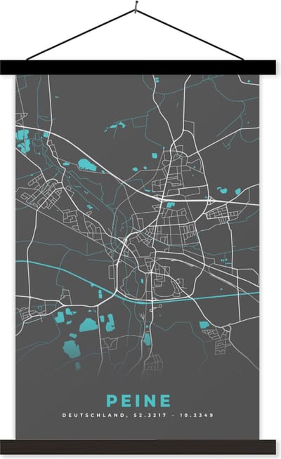 Posterhanger incl. Poster 40x60 cm - Schoolplaat - Peine – Stadskaart – Blauw – Plattegrond – Stadskaart – Kaart - Duitsland - Textielposter - Zwarte latten - Stadskaart