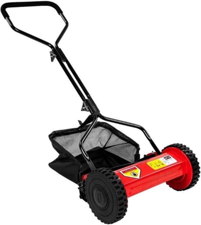 Thuys - Handmatige Grastrimmer Opvouwbaar Zwart/Rood – 5 Messen, 21L Opvangbak, Instelbare Hoogte 12-45mm, Stil en Milieuvriendelijk