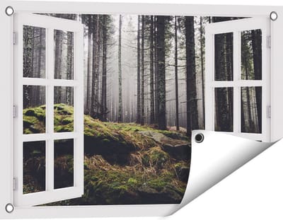 Gards Tuinposter Doorkijk Bos met Mos op Rotsen - 60x40 cm - Tuindoek - Tuindecoratie - Wanddecoratie buiten - Tuinschilderij