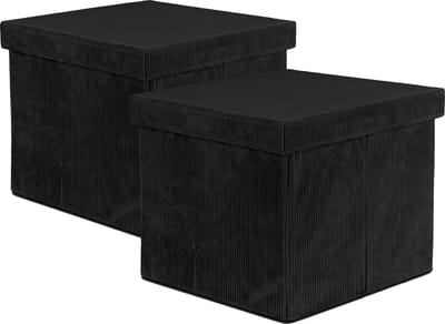 Oliva's - Opbergbox - Opbergmand met deksel - Opbergdoos - Opberg poef - Set van 2 stuks - Velvet ribstof - Zwart