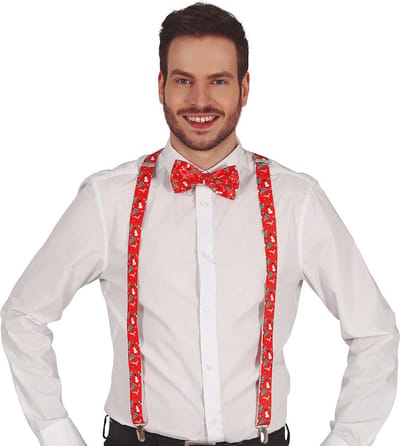 Fiestas Guirca Kerst accessoires set - bretels en strikje - rood - kerst print - volwassenen
