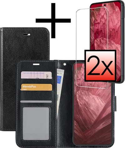 Hoesje - Met 2x Screenprotector - Geschikt voor Google Pixel 8a - Luxe Pasjeshouder - Bookcase Portemonee - Flip Case - Kunstleer Book Case - Flipcase Hoes - Book Cover - Walletcase - Portemonneehoes - Zwart