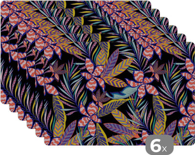 Placemat - Placemats kunststof - Hawaii - Regenboog - Bloemen - Bladeren - Psychedelisch - 45x30 cm - 6 stuks - Hittebestendig - Anti-Slip - Onderlegger - Afneembaar