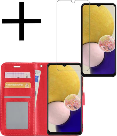 Hoesje - Met Screenprotector - Geschikt voor Samsung Galaxy A13 4G - Luxe Pasjeshouder - Bookcase Portemonee - Flip Case - Kunstleer Book Case - Flipcase - Book Cover - Walletcase - Portemonneehoes - Rood