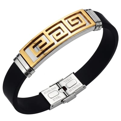 Heren armband – zwarte band met goudkleurig en zilverkleurig geometrisch design – roestvrijstalen sluiting