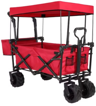 Opvouwbare bolderkar XL - 262L - Opvouwbaar tuinwagen - Met duwstang - Voor buitengebruik - Met verwijderbare luifel en 115 kg capaciteit - All terrain - Rood