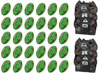RAM Rugby Gripper 2.0 Pro Trainer – Rugbyballen Bundel – 30x Fluor Groen Ballen (Maat 3) + 2x Breathable RAM® Tassen – Nr. 1 Rugby Brand Europa – Ontworpen in Engeland – Unieke 3D Grip Technologie – Duurzaam