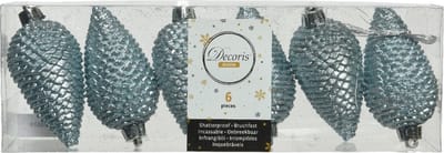 Decoris Kersthangers dennenappels - 6x - lichtblauw - glitter - 8 cm - kunststof - kerstversiering