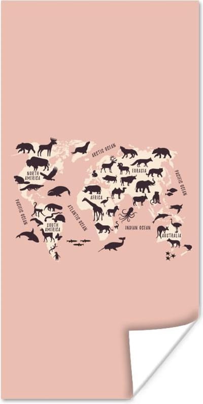 Wereldkaarten - Wereldkaart - Dieren - Silhouet - 80x160 cm