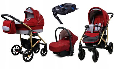 BabyLux® Kinderwagen 4in1 – LARGO - CHILI SILVER GOLD FRAME - Opklapbare Wandelwagen incl. Reiswieg, Multifunctionele Buggy Sportstoel, Autostoel, ISOFIX basisstation - Combi-kinderwagen met Luiertas, Regenhoes, Klamboe