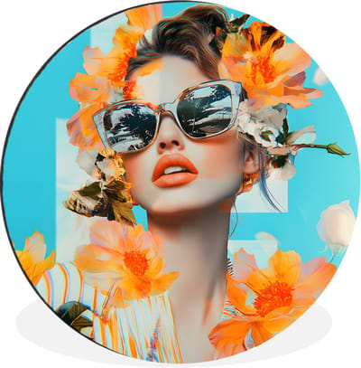 WallCircle - Wandcirkel - Muurcirkel - Bloemen - Vrouw - Zonnebril - Blauw - Aluminium - Dibond - 30x30 cm - Binnen en Buiten